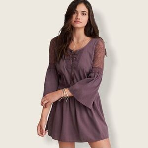 American Eagle Outfitters Womens Small Boho Mini Dress Purple Bell Sleeves Lace